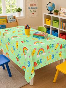 1pc-Back-To-School Cartoon Educational Tablecloth, Round And Rectangular Universal Washable Tablecloth, Green Background With Letter, Number, Rainbow Pencil Print, Suitable For Student Classroom Study Desks And Back-To-School Party Desktop Decoration - Multicolor - View 2