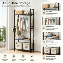 Multi-Layer Rolling Garment Rack With Storage Shelves - BLACK - View 2