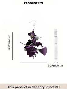 Pendientes de acrílico con diseño plano 2D de bruja morada montada en escoba, ganchos de oreja de acero inoxidable, adecuados para uso diario y fiestas, adecuados para aniversario, Acción de Gracias, Halloween, Navidad, pendientes para todas las estaciones - Bruja Púrpura - Ver 3