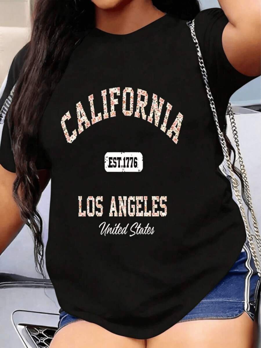 Floral Text With Lettering Celebrating The Free Spirit Of California And Los Angeles With Positive Energy, Modern Women's T-Shirt - 黑色 - 查看 1