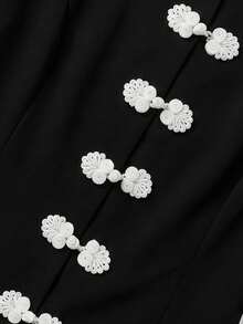 Damen Frühling/Sommer elegante neue chinesische Stil Froschknopf Stehkragen Kurzarm Bluse, Weiß Kontrast Froschknopf Schwarz - Schwarz - Übersicht 6