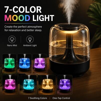 Humidificador de 650 ml con luz nocturna, difusor de aire ultrasónico de niebla fría con luces LED de 7 colores, humidificador de aroma silencioso de gran capacidad para dormitorio, oficina en casa y para mejorar el sueño.