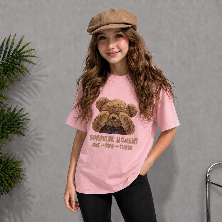 Girls' T-Shirt With Teddy Bear Design, Delicate, Fashionable, In Premium Cotton Knit - 淺粉色 - 查看 1