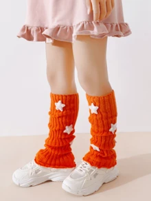 2 Pairs Girls' Sequin Star Knit Slouch Leg Warmers, Yellow & Orange Contrast Color Ribbed Long Leg Warmers, Sweet & Cool Y2K Baby Versatile Leggings, Daily Wear Decorative Leg Warmers - Multicolor - View 4
