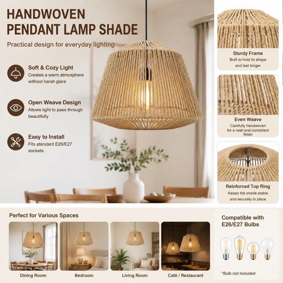 Octagonal Handmade Woven Pendant Light Shade, Conical Woven Lampshade Replacement Part, Suitable For Indoor Ceiling Light Decoration In Restaurant, Kitchen, Cafe - Oval - View 1