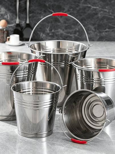 1pcThickened Portable Bucket, Household Kitchen Water Storage Pail With Anti-Slip Red Carrying Handles, Multiple Sizes Available, Multi-Functional Metal Bucket For Car Washing, Rice Storage And Water Holding.