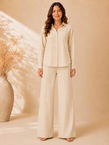 Women's Viscose Linen Set: Long-Sleeved Shirt With Buttons + Lined Wide-Leg Pants. Lightweight And Breathable Fabric. Elegant Casual Look For Work, Outings, And Everyday Wear. - 米色 - 查看 12