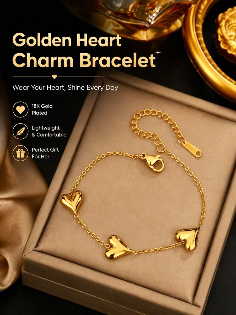 VceTd 1 pezzo Braccialetto pendente da donna in acciaio inossidabile stile romantico alla moda con 3 disegni di pendenti a forma di cuore lucidi, adatto per uso quotidiano, uscite durante le vacanze, feste, appuntamenti, tè pomeridiano o come regalo per le vacanze per le donne o i propri cari - Oro giallo - Visualizzare 1