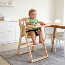 Folding Pine High Chair For Babies With Adjustable Harness - Beige - View 1