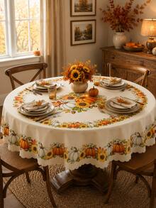 1pc-Fall Pumpkin Maple Leaf Round Tablecloth, Autumn Berry Vine Table Cover With Cream Background, Scalloped Lace Style Edge For Thanksgiving Home Dining Decor - Multicolor - View 5