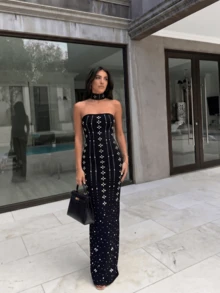 Women's All-Over Print Halter Neck Open Front Elegant Cinched Waist Ball Gown Dress - Black - View 4