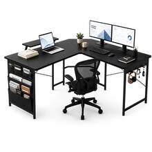 Escritorio Gamer en L de 55 Pulgadas, Escritorio para Computadora Negro de Esquina con Soporte para Monitor, Bolsa Lateral, Gancho para Audífonos y Bandeja Ajustable para Cables - en forma de L - Ver 10