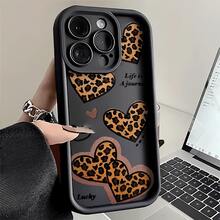 Leopard Print Heart  Face Phone Case, Compatible With Models Such As 16E/15/14/13/12/11/PRO/PLUS/PROMAX/MINI, S/A/M/NOTE, S/G/EDGE/E, Transition SPARK/HANTOM/CAMON/, Honor 400/PLAY/X/Y,  Reno/A/F, 14//POCO/NOTE And Others. Transparent, Simple, Elegant And Durable, Made Of Protective TPU Material. Ideal For Valentine's Day, Halloween, Christmas And Other Festive Occasions, Great For Personal Use Or As A Gift. - 黑色 - 查看 1
