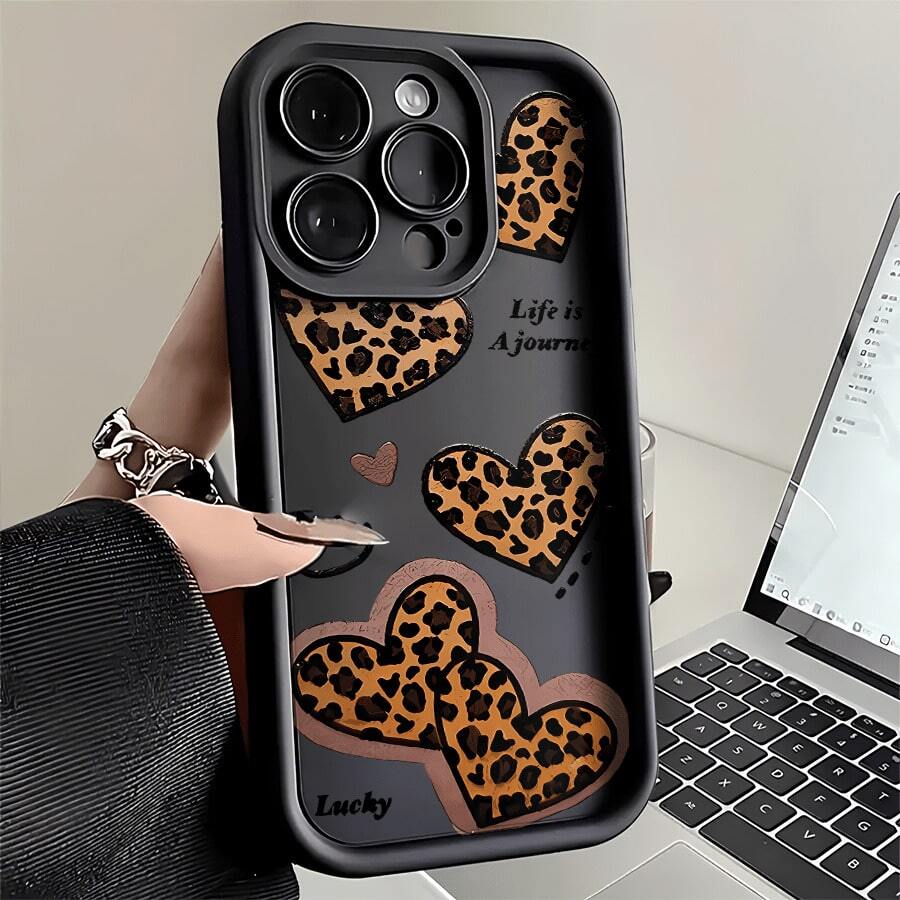 Leopard Print Heart Face Phone Case, Compatible With Models Such As 16E/15/14/13/12/11/PRO/PLUS/PROMAX/MINI, S/A/M/NOTE, S/G/EDGE/E, Transition SPARK/HANTOM/CAMON/, Honor 400/PLAY/X/Y, Reno/A/F, 14//POCO/NOTE And Others. Transparent, Simple, Elegant And Durable, Made Of Protective TPU Material. Ideal For Valentine's Day, Halloween, Christmas And Other Festive Occasions, Great For Personal Use Or As A Gift. - 黑色 - 查看 1