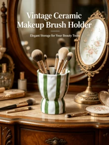 1pc Striped Wavy Vintage Ceramic Storage Holder, Makeup Brush & Cosmetic Tool Organizer Cup, Pastoral Style Desktop Multi-Functional Storage Canister - Multicolor - View 5