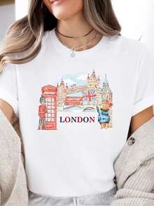 Playera Blanca Mujer Londres Oso Paddington Monumentos Turísticos Acuarela - Blanco - Ver 1