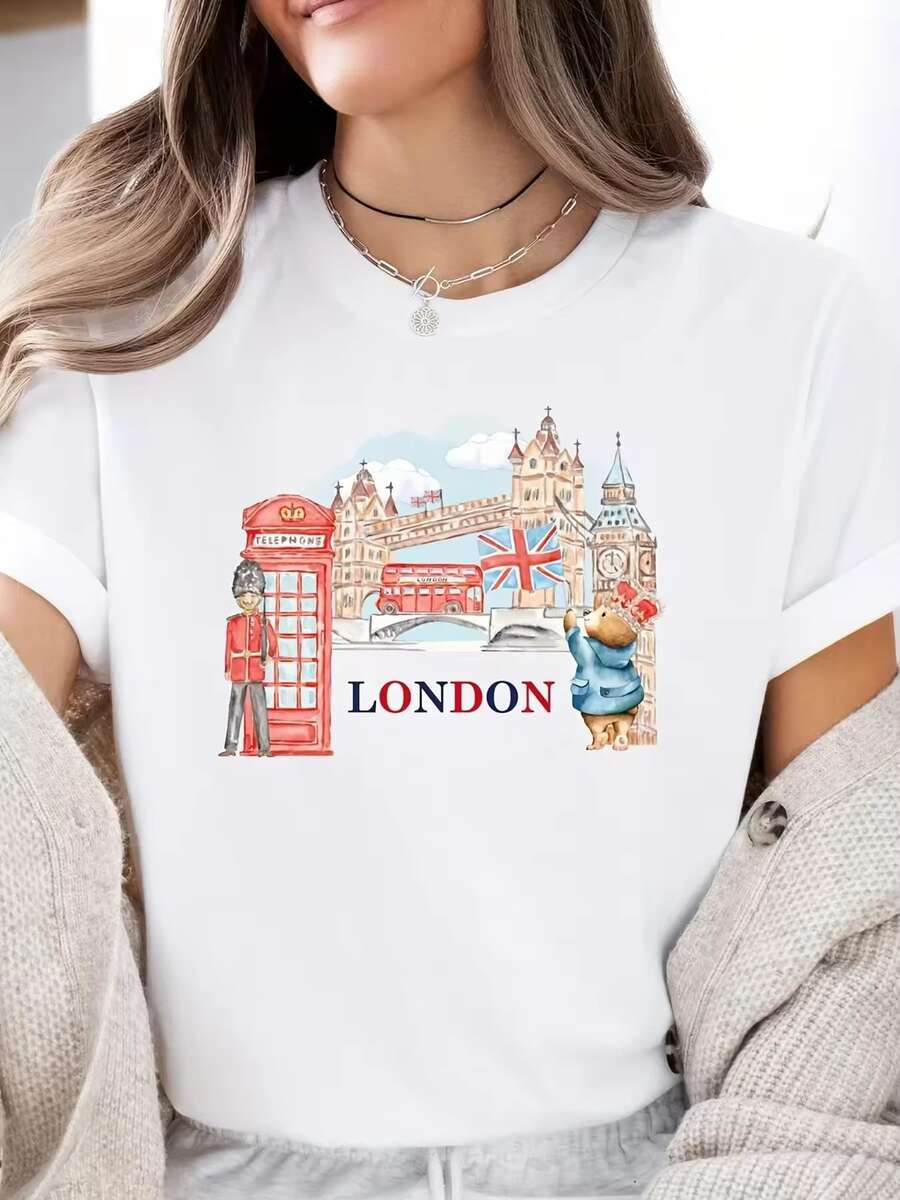 Playera Blanca Mujer Londres Oso Paddington Monumentos Turísticos Acuarela - Blanco - Ver 1