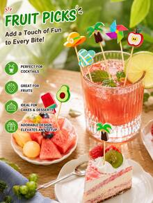 20 piezas de palillos de frutas de verano con diseño de dibujos animados, adecuados para bandejas de frutas, cócteles, bebidas, pasteles, decoración de postres, palillos de comida de estilo tropical, cumpleaños, fiesta de playa hawaiana, decoración de mesa de banquete de buffet, suministros para fiestas - Brochetas de bambú con dibujos animados (diseño aleatorio) - Ver 3