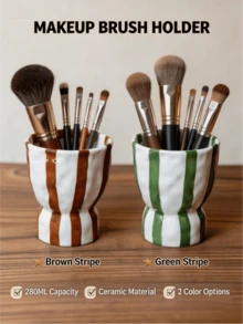 1pc Striped Wavy Vintage Ceramic Storage Holder, Makeup Brush & Cosmetic Tool Organizer Cup, Pastoral Style Desktop Multi-Functional Storage Canister - Multicolor - View 1