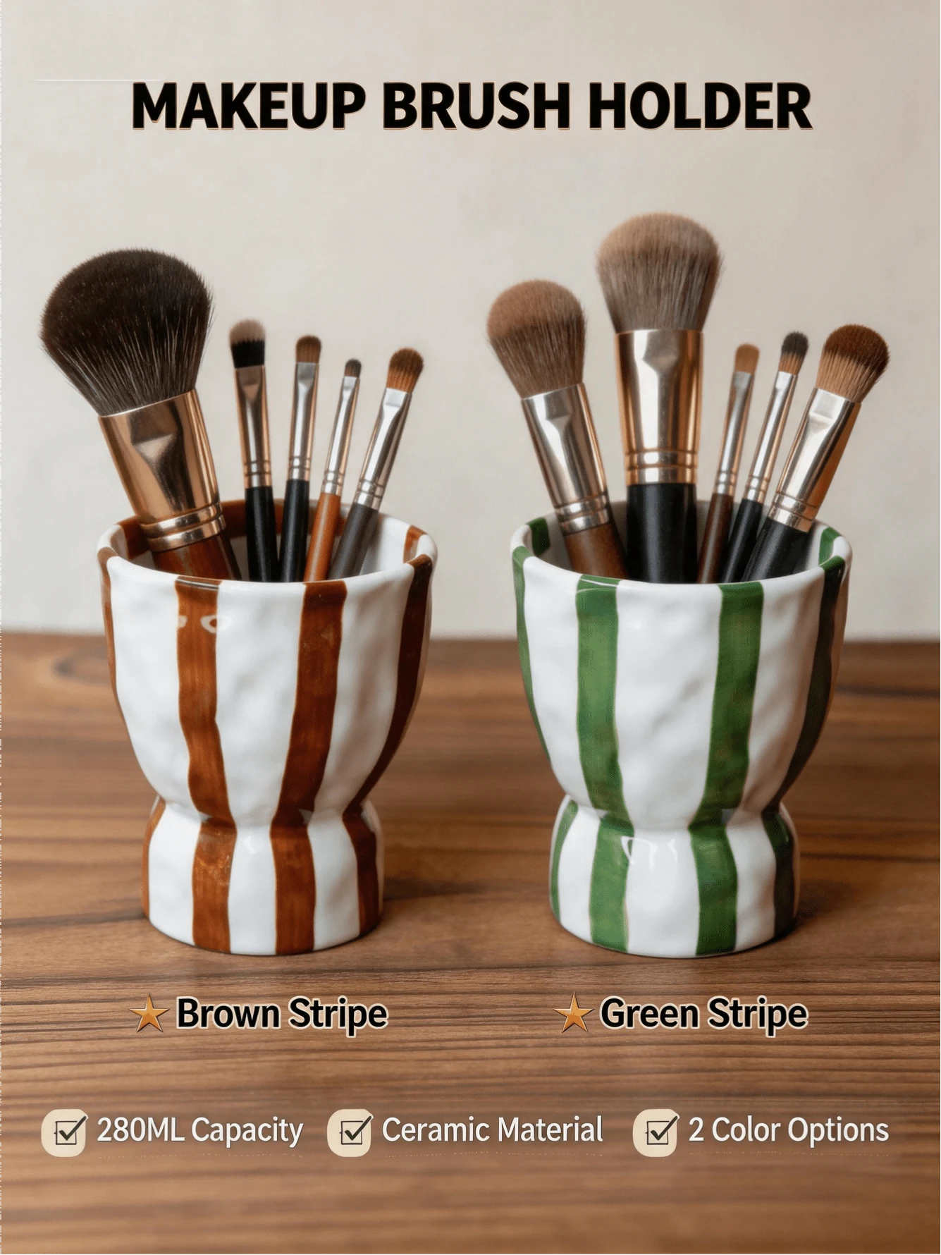 1pc Striped Wavy Vintage Ceramic Storage Holder, Makeup Brush & Cosmetic Tool Organizer Cup, Pastoral Style Desktop Multi-Functional Storage Canister - Multicolor - View 1