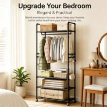 Multi-Layer Rolling Garment Rack With Storage Shelves - BLACK - View 5