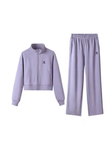 CAMEL CROWN Women's Spring/Autumn New Cotton Casual Jacket & Pants Set, Stand Collar Sweatshirt Sportswear 2 Pieces Set - Waffle Purple - View 2
