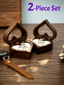 Wooden Jewelry Box, Black Walnut Engagement Ring, Necklace, Earring Storage Box, Vintage - Heart-shaped - White Lining - With Window - View 14