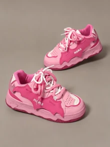 Women's Lace Up Shoes, Round Toe Thick Soled Shoes, European And American Style Sports Shoes, Fashionable Sports Shoes, Color Matching Sports Shoes - 玫瑰紅 - 查看 4