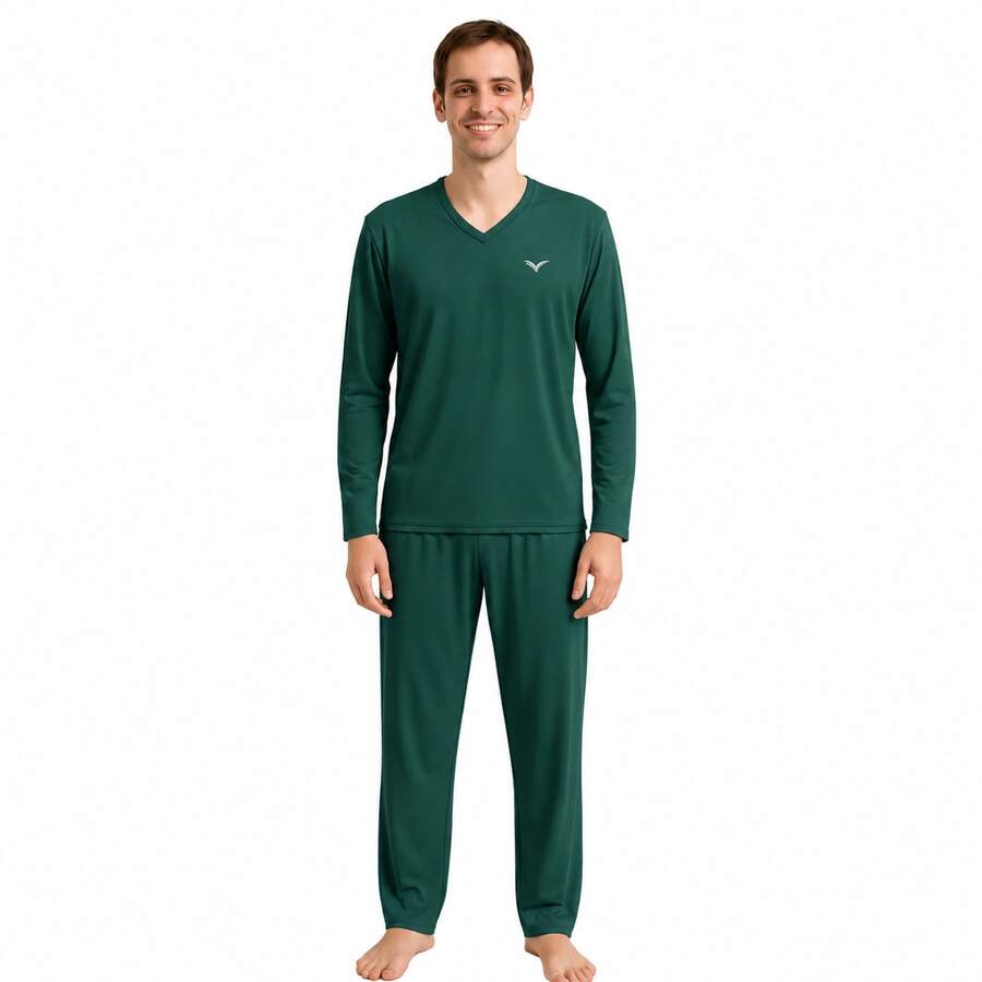 Men's Basic Embroidered Long Pajamas, Assorted Patterns, Sizes S To XL - Dark Green - View 1