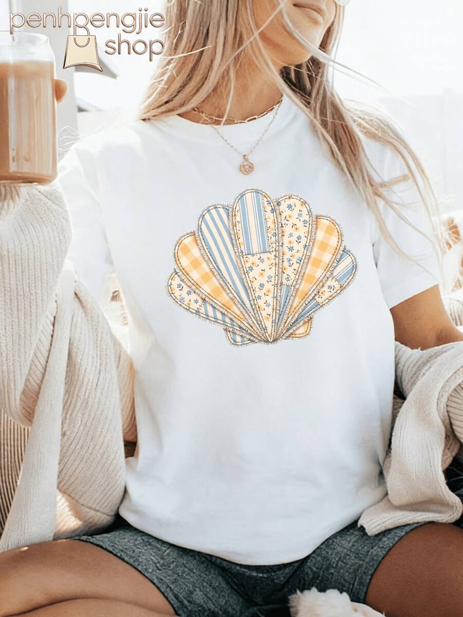 Women's Oversized T-Shirt With Seashell Design, Coastal Style, Casual Summer Tops, Clothing For 4th Of July, Graduation, Teacher's Clothing, Women's Summer Vacation - 白色 - 查看 1