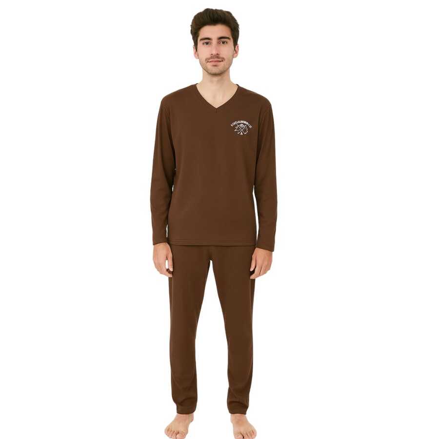 Men's Basic Embroidered Long Pajamas, Assorted Patterns, Sizes S To XL - 鏽棕色 - View 1