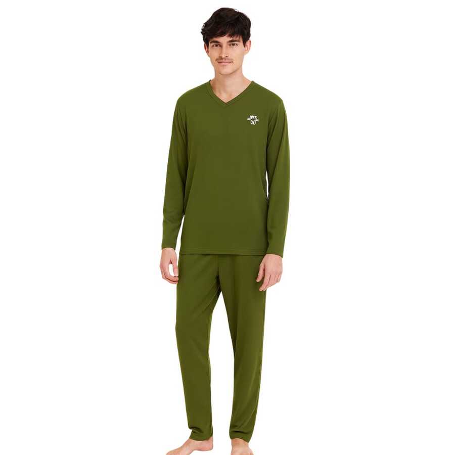 Men's Basic Embroidered Long Pajamas, Assorted Patterns, Sizes S To XL - Verde militar - Ver 1