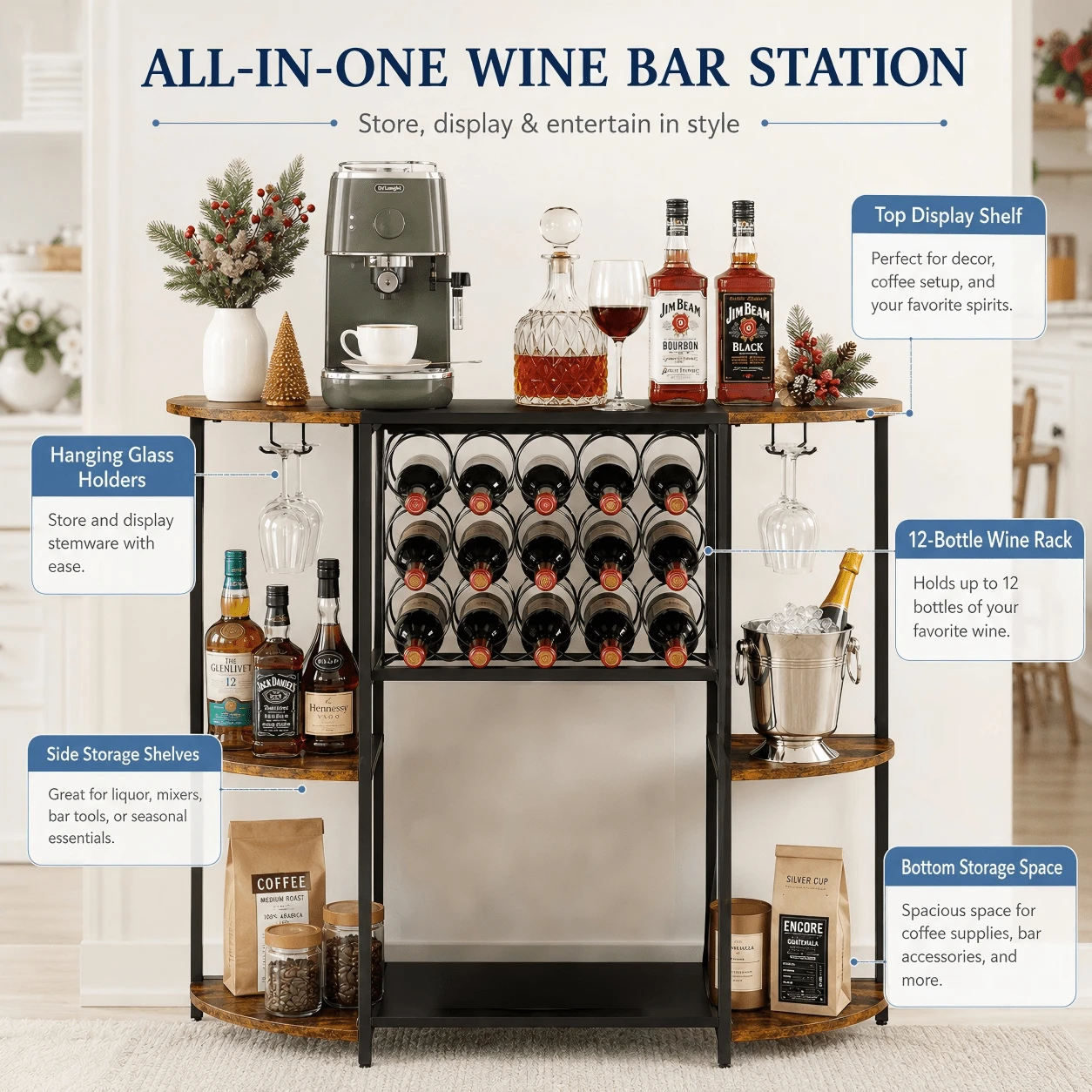 Wine Rack & Storage – 3-Tier Mini Liquor Holder, Space-Saving Display Shelf For Wine, Whiskey, Spirits, Glasses, Kitchen Furniture Organizer For Dining Room, Living Room, Kitchen Counter, Rustic Brown