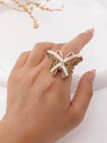 1pc Maillard Color-Block Raffia Butterfly Open Ring, 3D Woven Heart-Shaped Double-Band Ring, Bohemian Vacation Style For Girls, Suitable For Beach Holiday, Campus Daily, Spring/Summer Picnic, Best Friend Travel Photography, Gentle Date Outfit, Autumn Maillard Style, Music Festival Look, Birthday/Valentine's Day Niche Gift, Mori Style Photoshoot - Multicolor - View 10