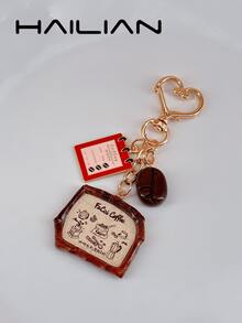 HAILIAN 1pc Coffee-Themed Bag Charm Keychain Featuring Coffee Bean & Coffee Menu Charms, Cute Heart Clasp, Ideal Gift For Back To School Season - Coffee Brown - View 7