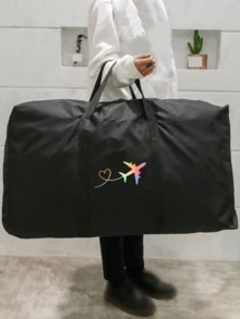 可折疊旅行袋，中性款，愛心飛機圖案，便攜手提包，大容量行李袋，多功能旅行配件，行李搬運袋，牛津布材質，裝箱行李袋，搬家收納袋，適用於宿舍、租屋公寓、學校宿舍，防潮防塵，可存放衣物與寢具，適用於商務出差、度假與搬家 - 黑色 - 查看 16