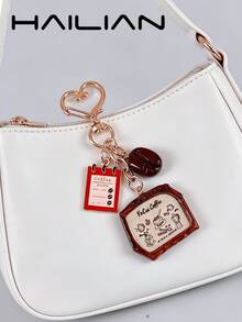 HAILIAN 1pc Coffee-Themed Bag Charm Keychain Featuring Coffee Bean & Coffee Menu Charms, Cute Heart Clasp, Ideal Gift For Back To School Season - Coffee Brown - View 2