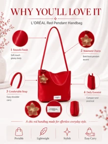 L’Oreal Paris L'Oreal 紅色吊飾手提包 8.5*8.5cm，花朵吊飾，柔軟布料，內部空間大，輕巧易清潔，適合個人使用與送禮 - 紅色 - 查看 5