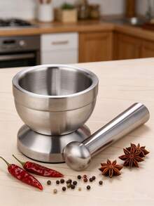1 Set Stainless Steel Mortar And Pestle With Non-Slip Base, Spice Grinder, Kitchen Utensil, Multi-Function Crusher, Suitable For Garlic, Chili And Pepper - Silver - View 10