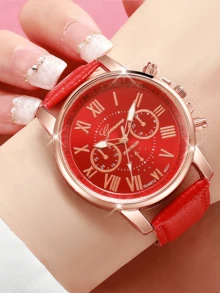 1pc Fashion PU Leather Strap Alloy Quartz Watch - Red - View 2