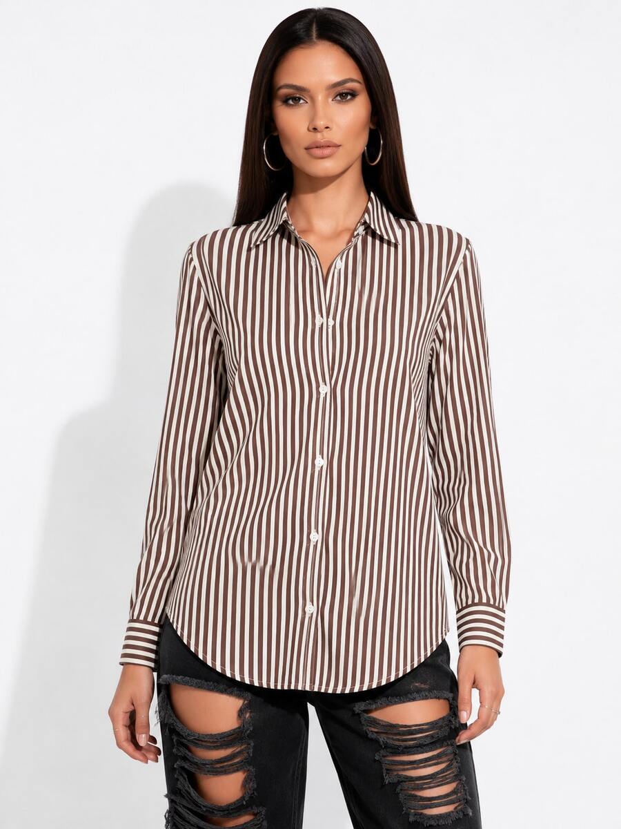 Women's Long-Sleeved Striped Linen Shirt In Colorful And Vibrant Leopard Print. - Coffee Brown - View 1