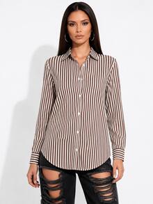 Women's Long-Sleeved Striped Linen Shirt In Colorful And Vibrant Leopard Print. - Coffee Brown - View 2