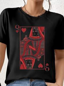 Women's T-Shirt 1 Piece 100% Cotton With Digital Print Of The Queen Of Hearts 180g - 黑色 - 查看 1