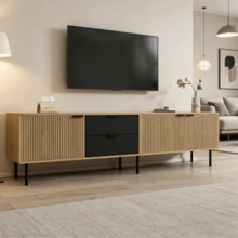 Mueble para TV de 208 * 40 * 48 cm en aglomerado, mueble bajo moderno con sistema de almacenamiento y gestión de cables para salón, unidad de almacenamiento de 3 cajones, compatible con televisores de 85 pulgadas. - Color natural - Ver 3