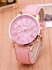 1pc Fashion PU Leather Strap Alloy Quartz Watch - Pink - View 3