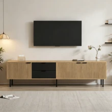 Mueble para TV de 208 * 40 * 48 cm en aglomerado, mueble bajo moderno con sistema de almacenamiento y gestión de cables para salón, unidad de almacenamiento de 3 cajones, compatible con televisores de 85 pulgadas. - Color natural - Ver 4