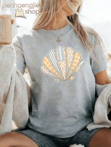 Women's Oversized T-Shirt With Seashell Design, Coastal Style, Casual Summer Tops, Clothing For 4th Of July, Graduation, Teacher's Clothing, Women's Summer Vacation - 淺灰色 - 查看 1