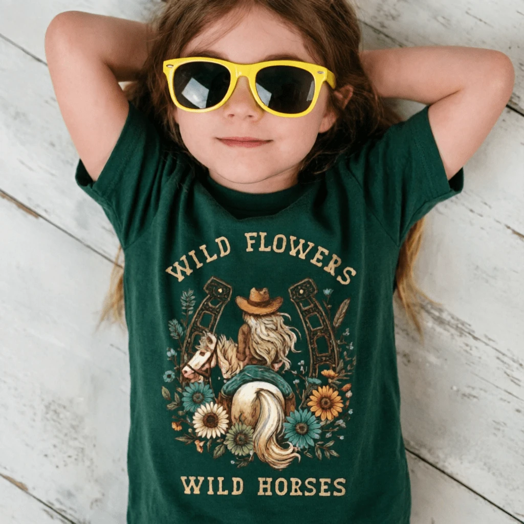 Summer 2026 Girls' Clothing, 1pc Fashionable Children's T-Shirt With Wildflower Graphic Print, Summer T-Shirt With Floral Wild Horse Personality In Black, White And Pink - 綠色 - 查看 1