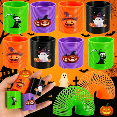 12/24/36/48 piezas Anillos de resorte de Halloween para niños, patrones y colores surtidos con temática de Halloween, juguetes de fiesta de Halloween, regalos para bolsas de dulces, rellenos de bolsas de regalo, rellenos de piñata, premios para el aula, estilos y colores aleatorios