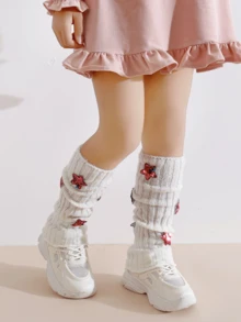 2 Pairs Girls Gentle Pink & White Star Sequin Ruffle Leg Warmers, Vertical Ribbed Knit Children's Long Leg Warmers, Sweet Style Daily Outfit Decorative Leg Covers - Multicolor - View 6